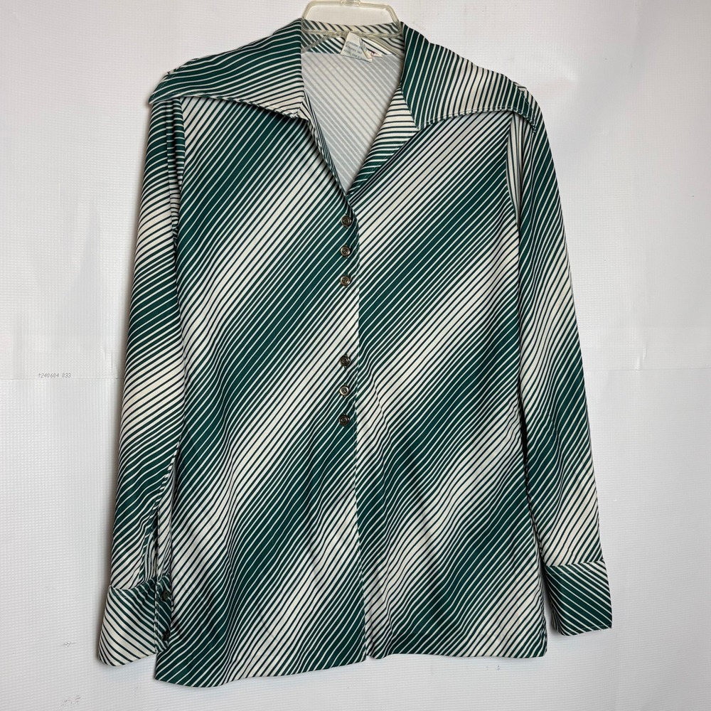 Vintage Queen's-Way to Fashion 70s Green White Diagonal Stripe‎ Disco Blouse 12